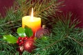 Big Christmas baubles and candles on dark Royalty Free Stock Photo