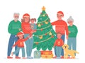 Big christmas family. Grandma, grandpa, mom and dad, kids and dog in sweaters and santa hat. Vector family portrait with Royalty Free Stock Photo