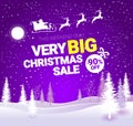 Big Christmas sale. Vector banner with Santa Claus and deers flying up the forest on the purple background. Stocking Royalty Free Stock Photo