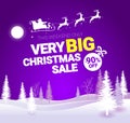 Big Christmas sale. Vector banner with Santa Claus and deers flying up the forest on the purple background. Stocking Royalty Free Stock Photo