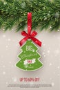 Big Christmas sale vector tag template. Xmas discount advertising campaign. New year tree toy with ribbon realistic Royalty Free Stock Photo