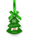 Big christmas sale vector tag template. Xmas discount advertising campaign. New year tree toy with ribbon realistic illustration. Royalty Free Stock Photo