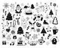 Big Christmas set doodles. Santa Claus, snowman, christmas cake and tree, sleigh with gifts and gingerbread, sock and