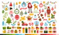 Big Christmas set for a princess. Cute characters, Santa, toys, Christmas tree, sweets and gifts. Cute palette of sweets Royalty Free Stock Photo