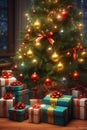 A big Christmas tree, colorfully decorated, in a cozy room, surrounded by gifts.