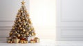 Big christmas tree decorated with beautiful shiny baubles and many different presents on wooden floor. White wall background with Royalty Free Stock Photo