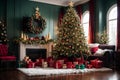 Big Christmas tree decorated in a room and gifts under it. Royalty Free Stock Photo