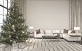 Christmas tree with presents in living room interior design. Hampton style. Mockup white wall in luxury home background Royalty Free Stock Photo