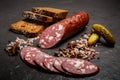 Big chunk of dry salami sausage with rye bread and pickled cucumbers Royalty Free Stock Photo