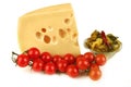 Big chunk of yellow cheese with olives Royalty Free Stock Photo