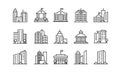 Big city buildings linear icons set. Urban architecture. State institutions, religious and cultural monuments Royalty Free Stock Photo