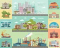 Big city concept. Infrastructure vector set with cafe, school, airport, fire station and other buildings.