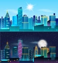 Big city day and night landscape. Skyscrapers in neon lights. Sunny day and night with fool moon. Royalty Free Stock Photo