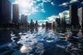 Big city with high-rise buildings flooded in water. Royalty Free Stock Photo