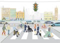 Big city with pedestrians and road traffic, illustration