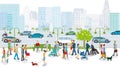 Big city with public transport, pedestrians and road traffic, illustration Royalty Free Stock Photo