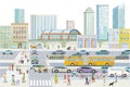 Big city with road traffic and elevated train, and many buildings, illustration Royalty Free Stock Photo