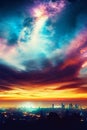 Big city skyline with spectacular sunset clouds