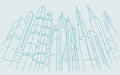 Big city skyscraper sketch buildings. Blue line skeleton strokes Modern architecture landscape. Hand drawn vector stock Royalty Free Stock Photo