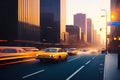 Big city sunset evening panorama with retro cars and blurred car headlights and street lights with skyscrapers. Copy Royalty Free Stock Photo