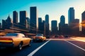 Big city sunset evening panorama with retro cars and blurred car headlights and street lights with skyscrapers. Copy Royalty Free Stock Photo