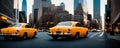 Big city sunset evening panorama with retro cars and blurred car headlights and street lights with skyscrapers. Copy Royalty Free Stock Photo