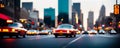 Big city sunset evening panorama with retro cars and blurred car headlights and street lights with skyscrapers. Copy Royalty Free Stock Photo