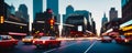 Big city sunset evening panorama with retro cars and blurred car headlights and street lights with skyscrapers. Copy Royalty Free Stock Photo