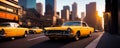 Big city sunset evening panorama with retro cars and blurred car headlights and street lights with skyscrapers. Copy Royalty Free Stock Photo