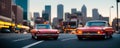 Big city sunset evening panorama with retro cars and blurred car headlights and street lights with skyscrapers. Copy Royalty Free Stock Photo