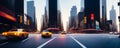 Big city sunset evening panorama with retro cars and blurred car headlights and street lights with skyscrapers. Copy Royalty Free Stock Photo