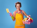 Housewife with basket of cleaning supplies and brush on blue