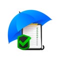 Big clipboard with document on it under the umbrella. Green protection shield. Insurance or help. Health insurance