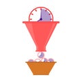 Big clock fall into a funnel and many small clocks is obtained. Time saving concept. Vector illustration.