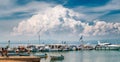 Big cloud over boats, yachts and Aegean sea, Greece