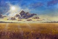 Big cloud and warm rays of summer sun over a ripe brown field of wheat rye bread painting