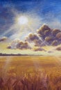 Big cloud and warm rays of summer sun over a ripe brown field of wheat rye bread painting