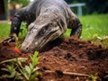 Big Clouded monitor lizard digging soil looking for food on the Made With Generative AI illustration