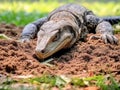 Big Clouded monitor lizard digging soil looking for food on the Made With Generative AI illustration