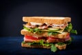 Big Club sandwich with ham, bacon, tomato, cucumber, cheese, eggs and herbs Royalty Free Stock Photo