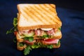 Big Club sandwich with ham, bacon, tomato, cucumber, cheese, eggs and herbs Royalty Free Stock Photo