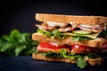 Big Club sandwich with ham, bacon, tomato, cucumber, cheese, eggs and herbs Royalty Free Stock Photo