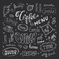 Big coffee set,hand drawn design on blackboard Royalty Free Stock Photo