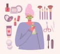 Big collage of cosmetics and body care products for make up.