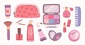 Big collage of cosmetics and body care products for make up. Vector modern illustration in flat style