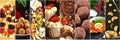 Big collage with different food: sushi, honey, soup, desserts, cookies, meat.
