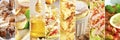 Big collage with different food: sushi, honey, soup, desserts, cookies, meat. Royalty Free Stock Photo