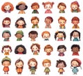 Big collection of cartoon little multiethnic kids avatars. Cute little boy and girl with different hairstyles