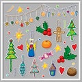 Big collection of christmas stickers. Cute illustration of winter and christmas hygge elements. xmas doodle clip art set