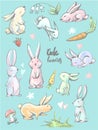 Big collection of cute cartoon style hares in different positions , bunnies with carrots, hearts, mushroom, grass